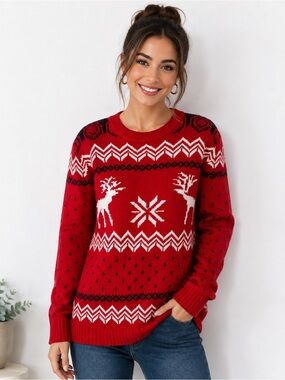 Snowflake & Elk Print Jacquard Sweater
